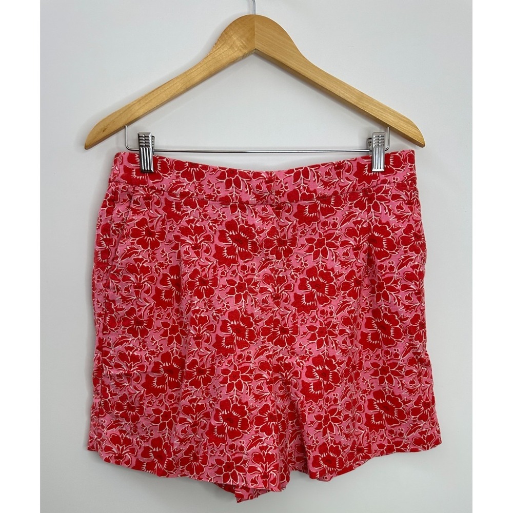 J.Crew Floral Linen Blend Elastic Back Shorts BY449 Red Pink Women's Size 12 - Picture 2 of 13